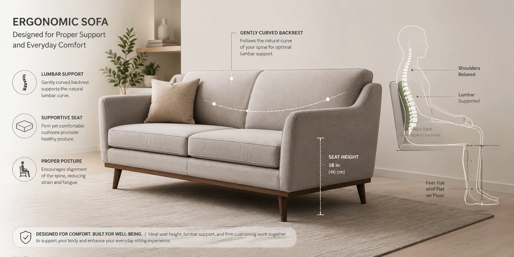 Ergonomic sofa with proper lumbar support and ideal seat dimensions