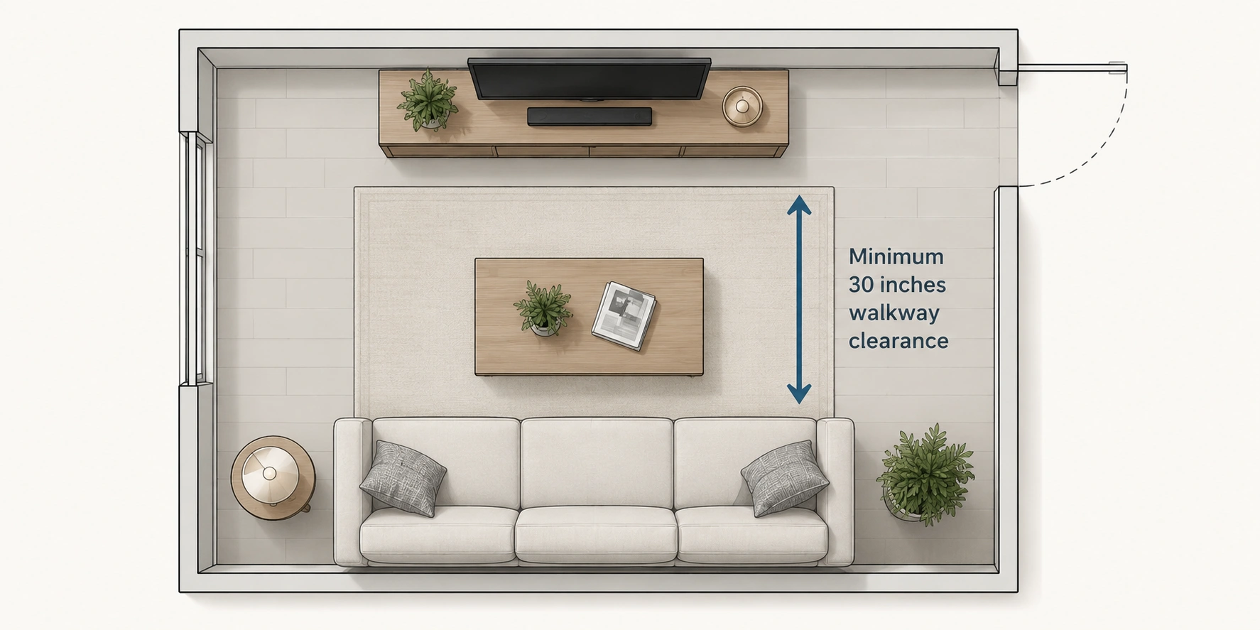 Living room floor plan showing optimal sofa placement for traffic flow