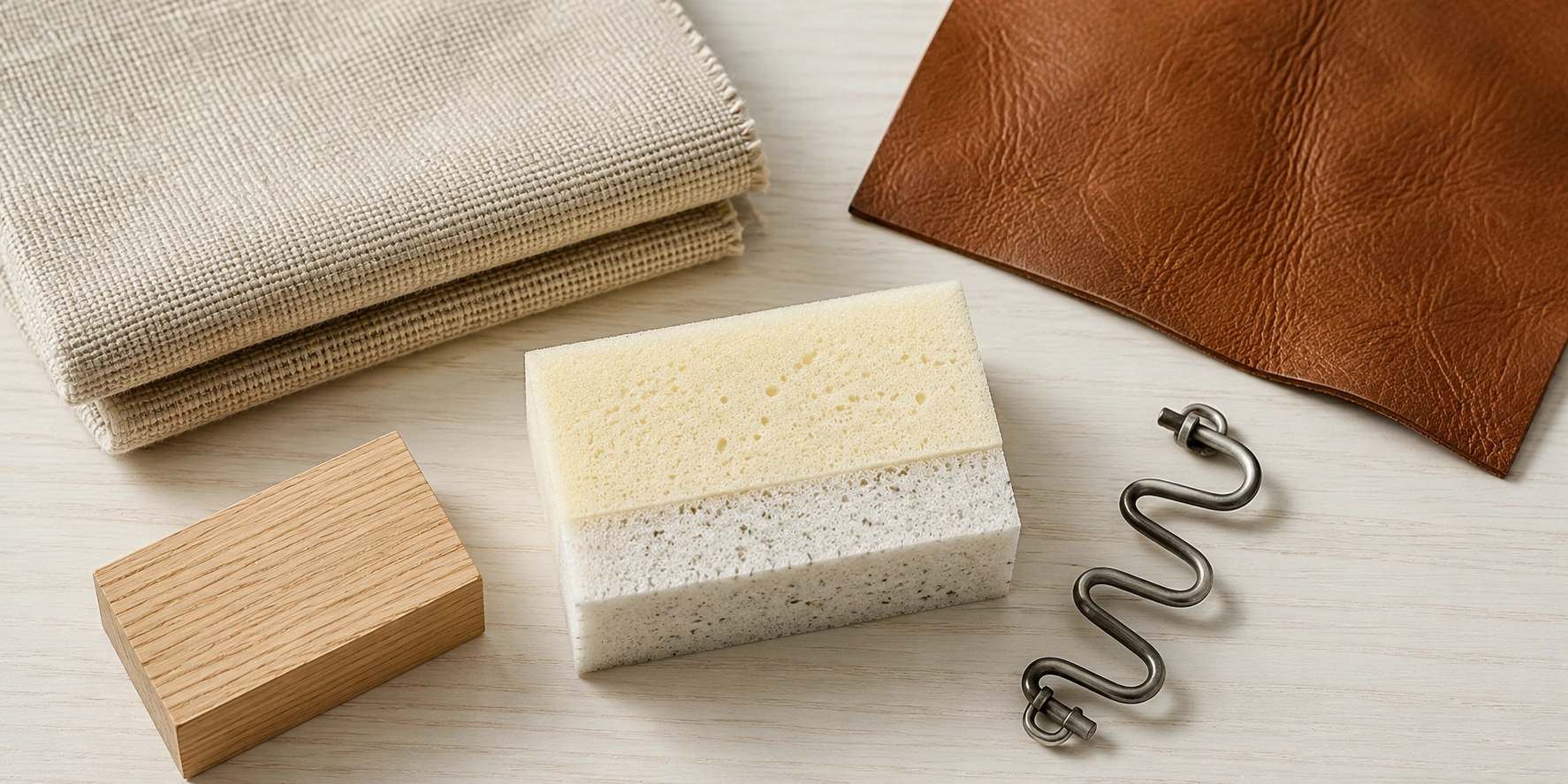 Different sofa materials including leather fabric and wood frame samples