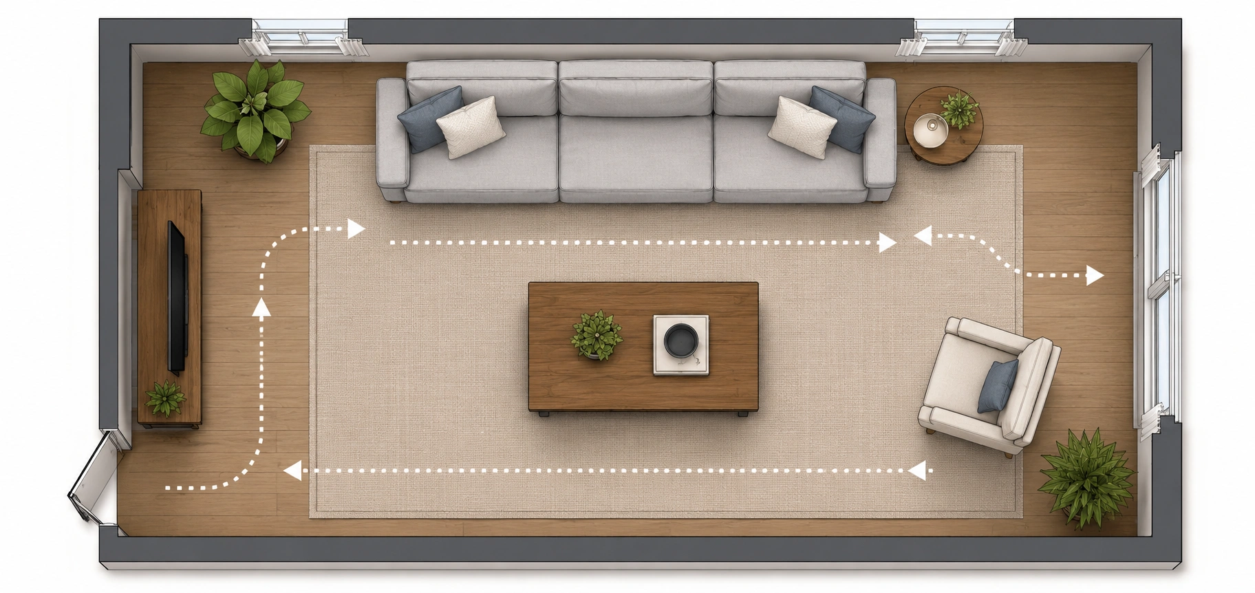 Top-down living room layout showing optimal sofa placement and traffic flow