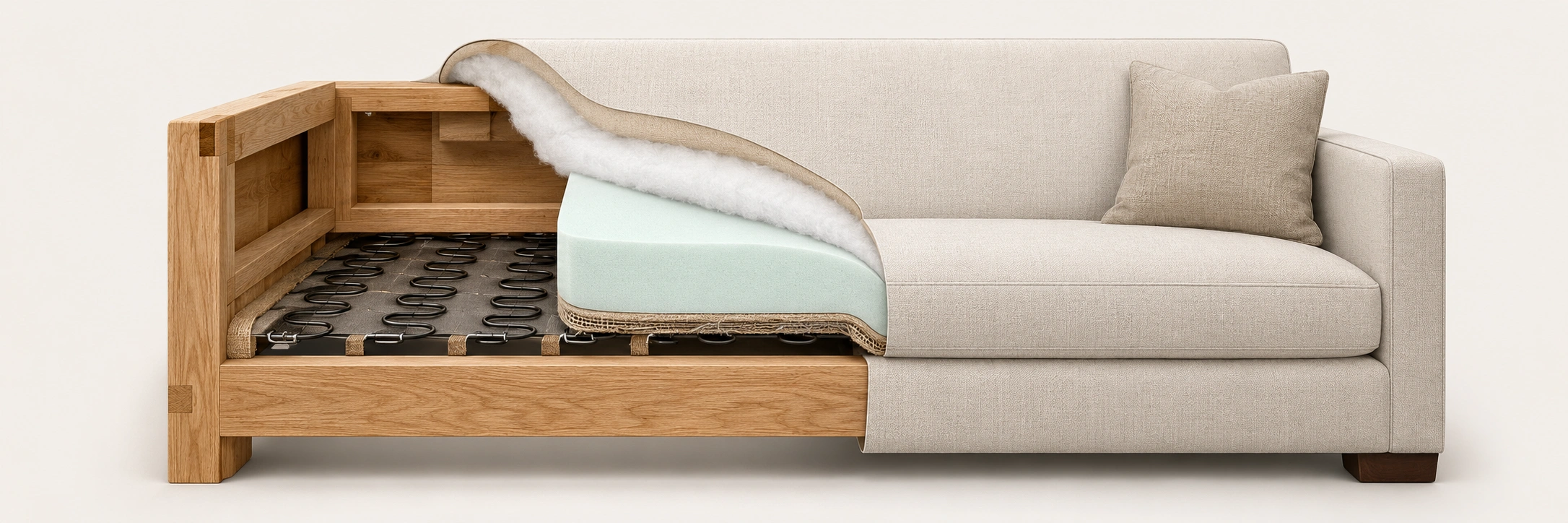 Anatomy of a sofa showing frame, cushions, springs and upholstery layers