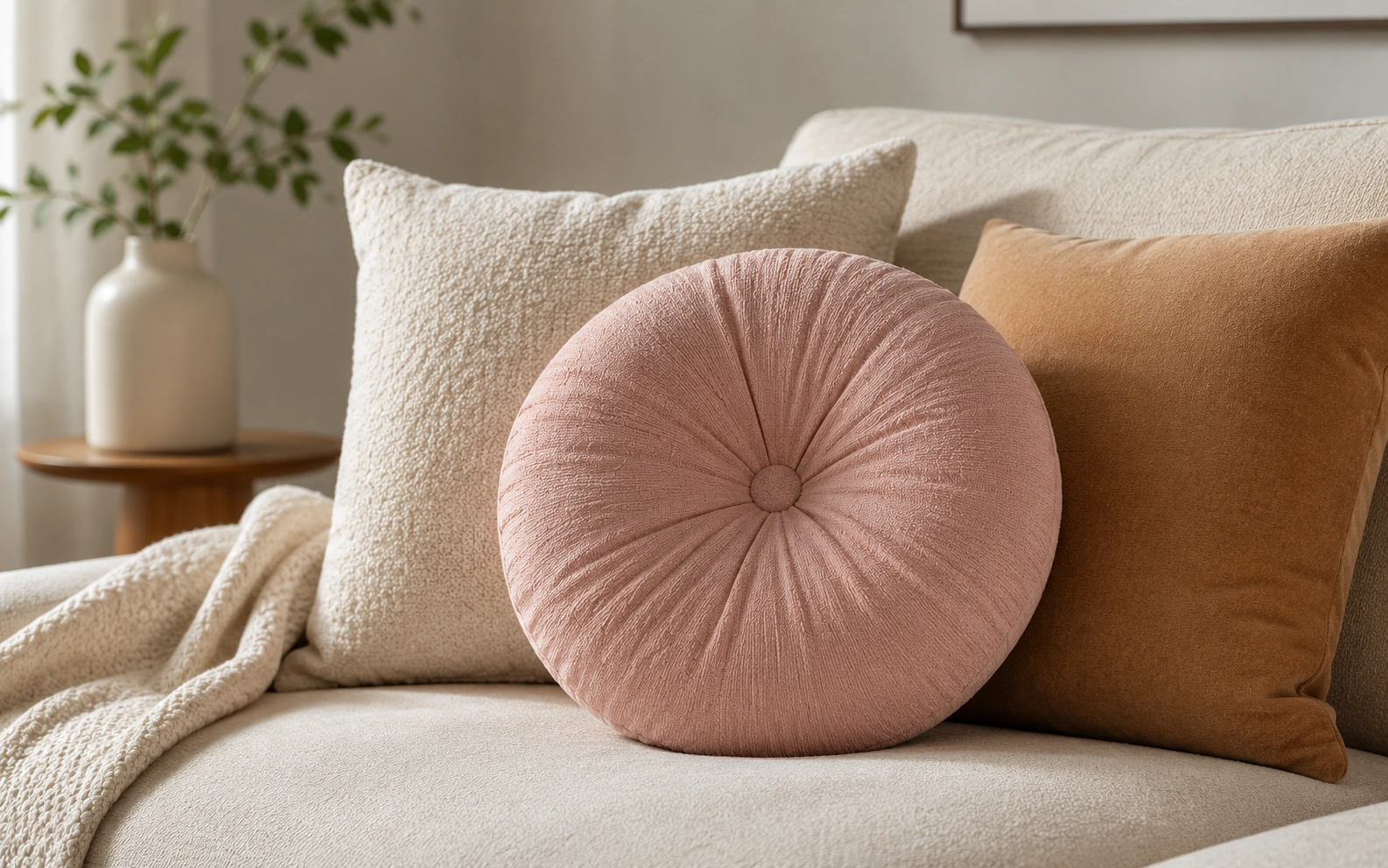Round circular throw pillow adding geometric interest to a neutral sofa