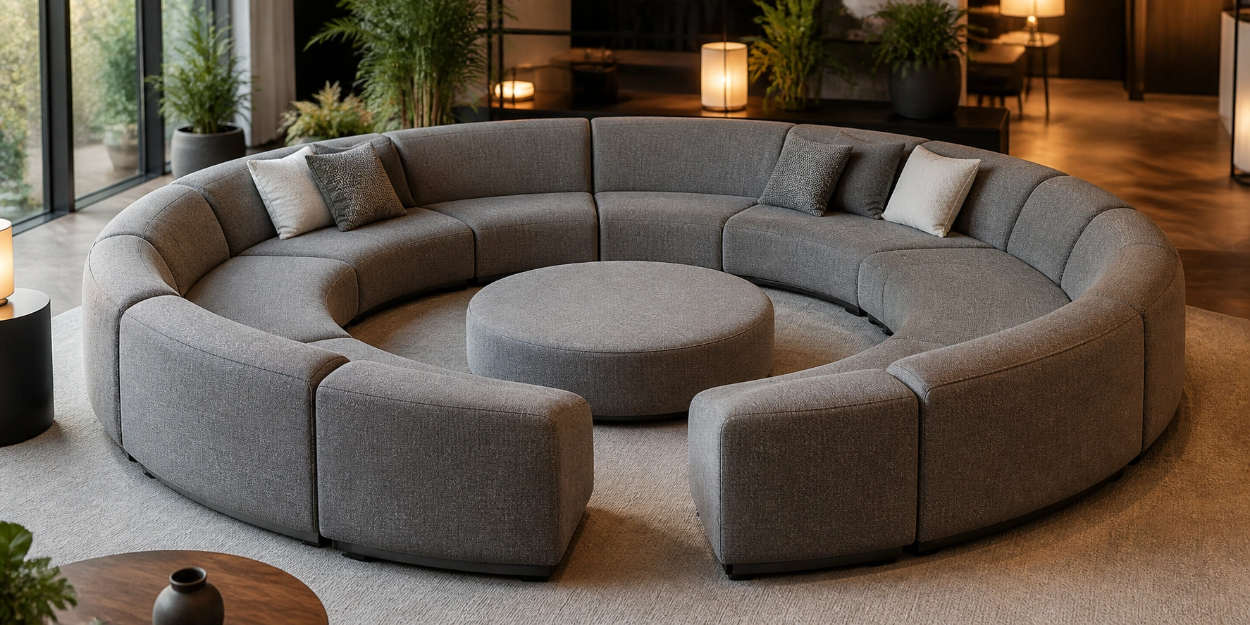 Modular round sectional sofa with configurable pieces