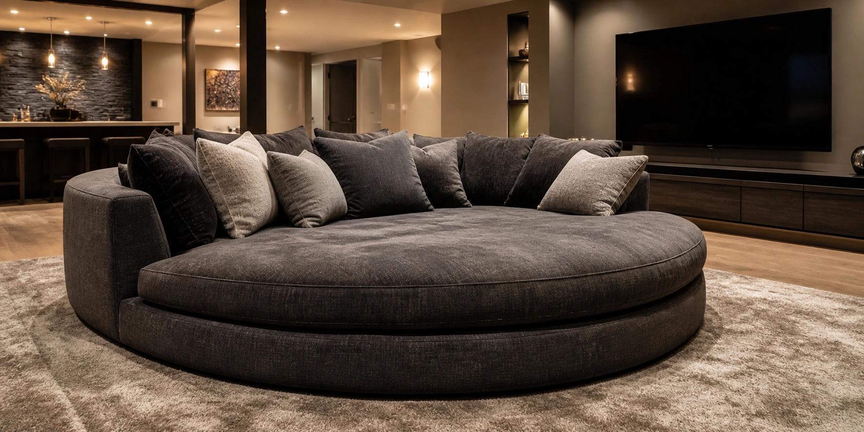 Oversized deep seat round sofa with plush cushions