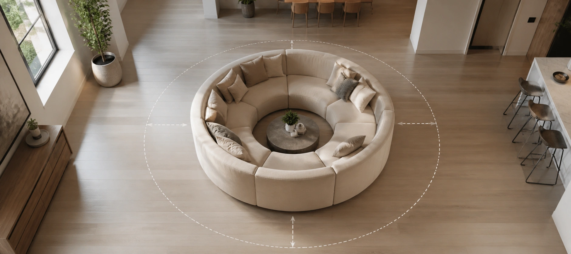 Round sofa placement in different room types with dimensions
