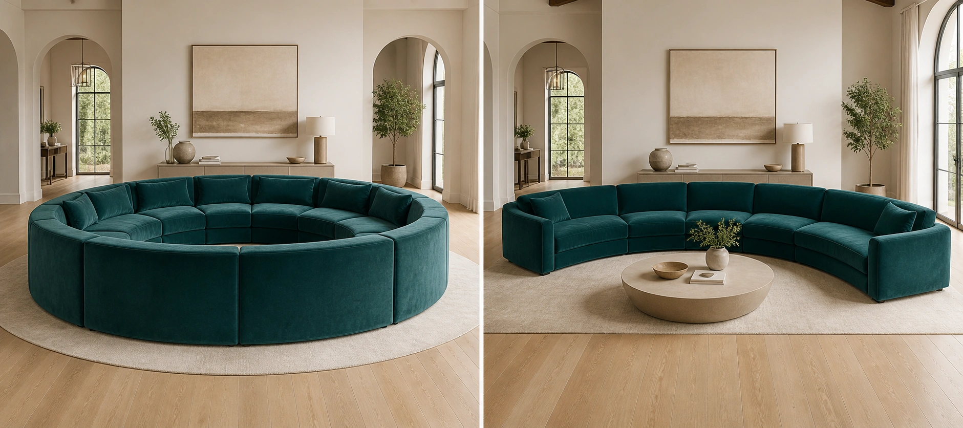 Side by side comparison of round sofa and curved sofa in a living room