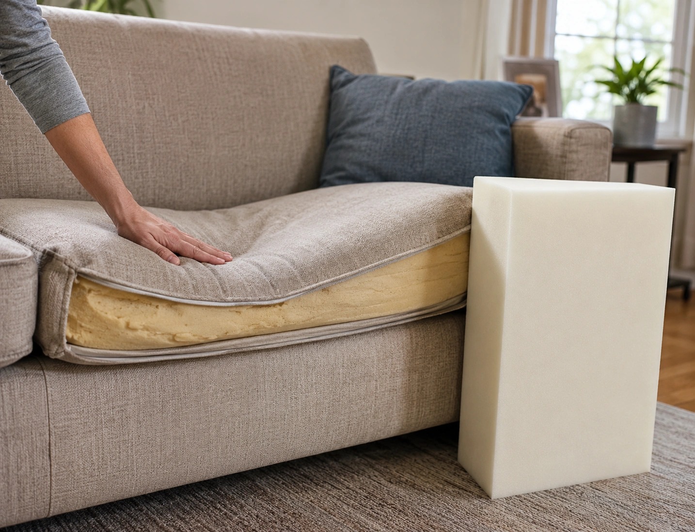 Sagging sofa seat cushion showing visible dip in the middle of the seat