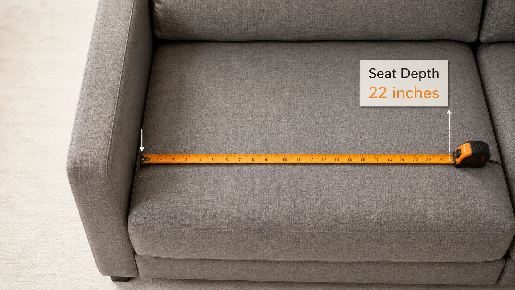 Diagram showing how to measure sofa seat depth from front edge to backrest