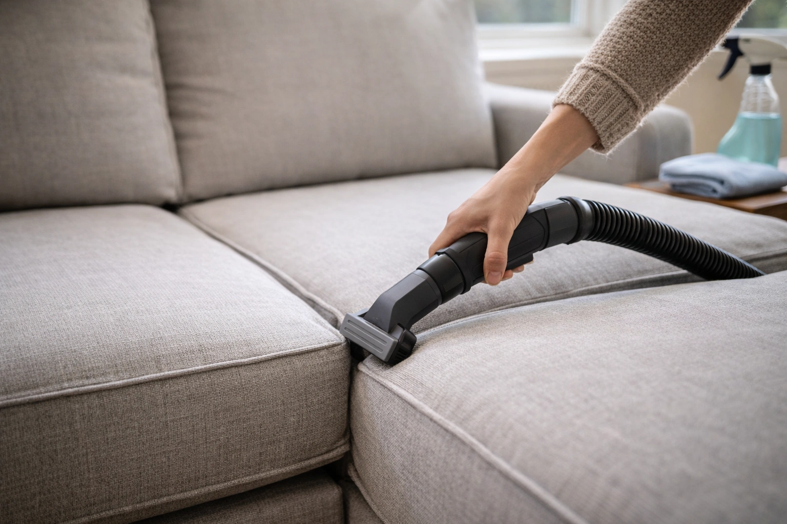 Person vacuuming and cleaning a fabric sectional sofa focusing on seam and junction areas
