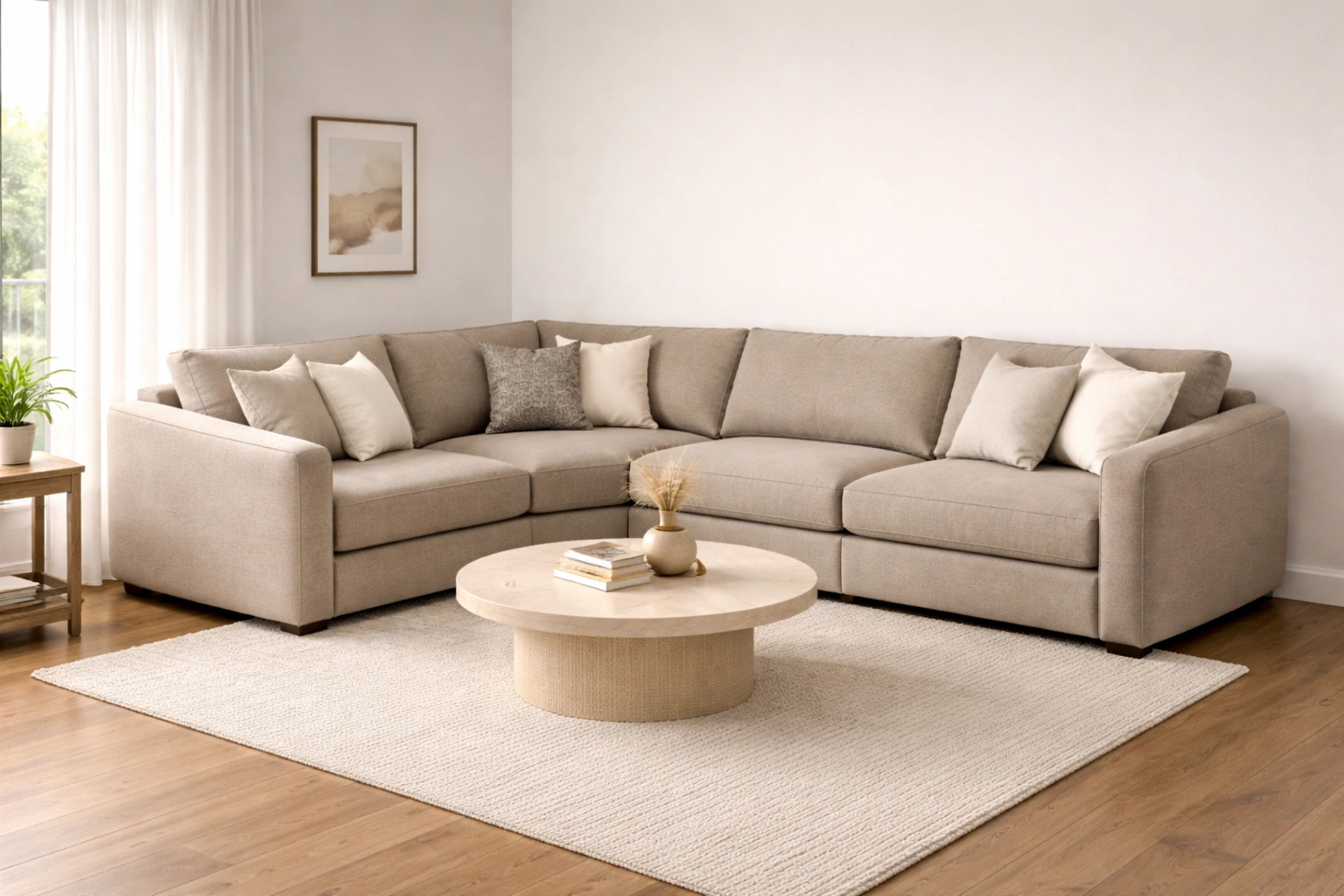 L-shaped sectional placed in a corner anchoring a living room layout