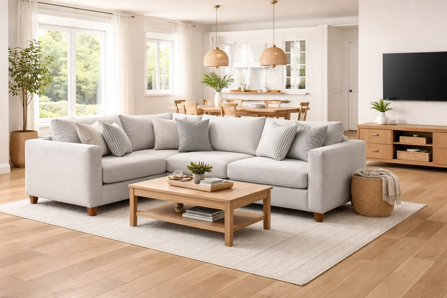 Sectional sofa floating in the center of an open concept living space