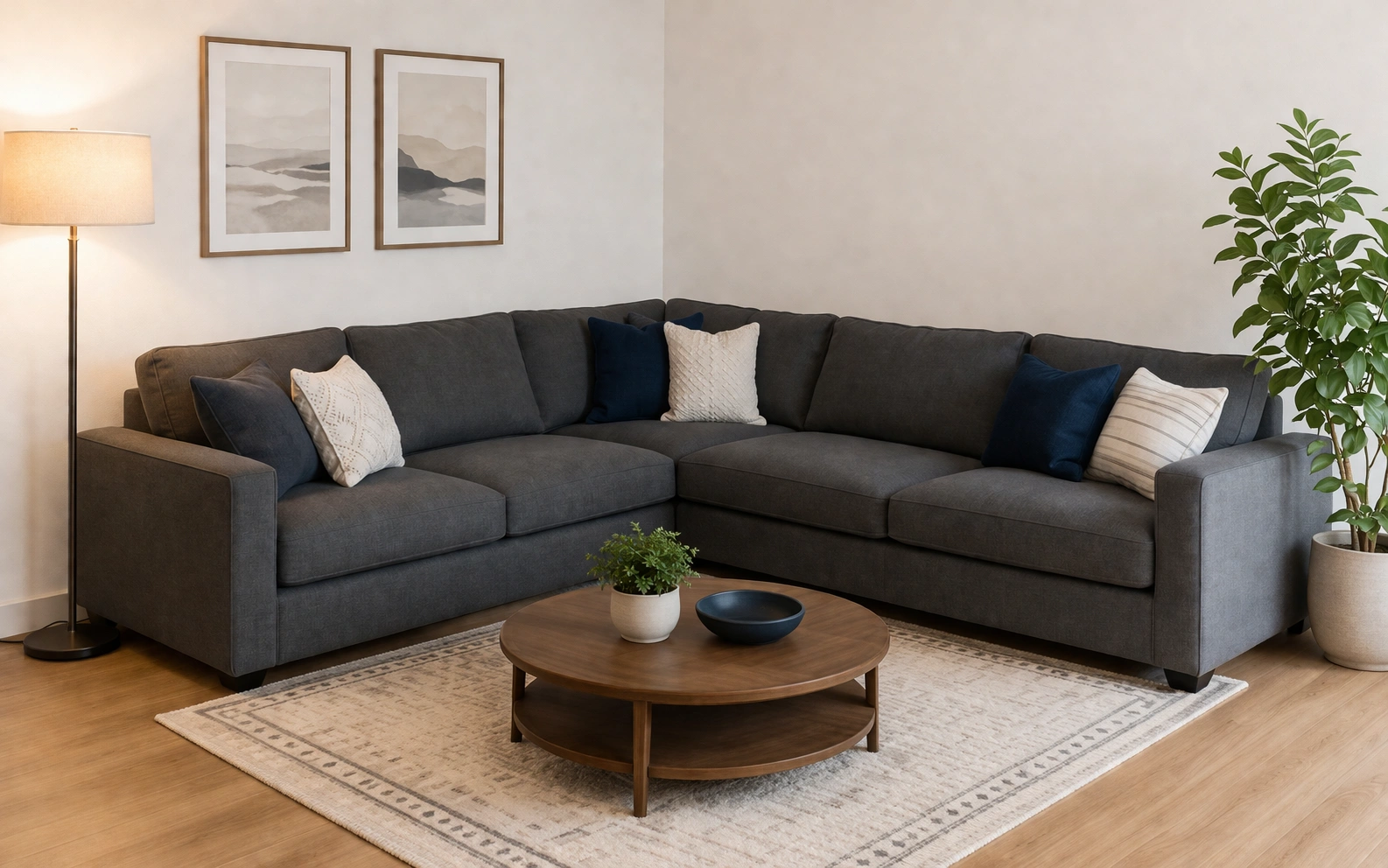 L-shaped sectional sofa placed against a wall in a living room corner
