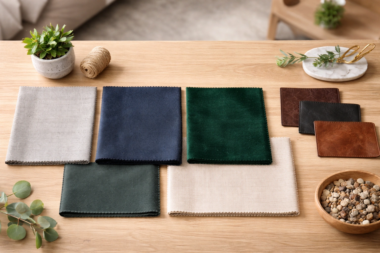 Material swatches including leather performance fabric microfiber and velvet for sectional sofas