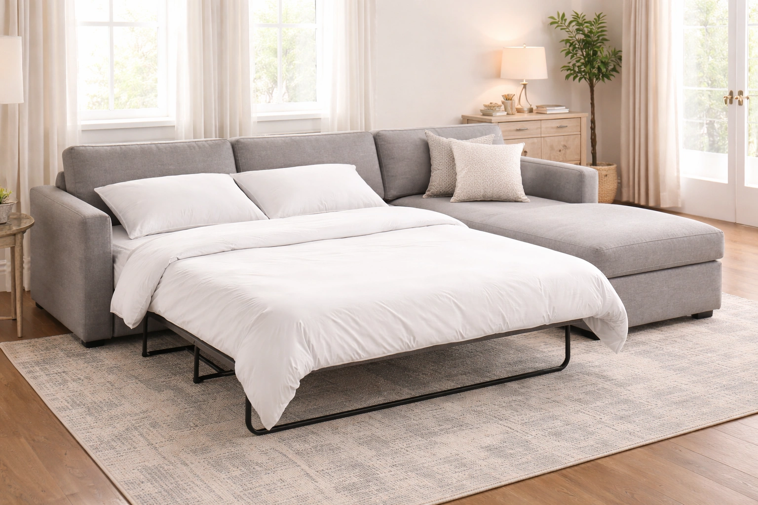 Sectional sleeper sofa with pull-out mattress for overnight guests