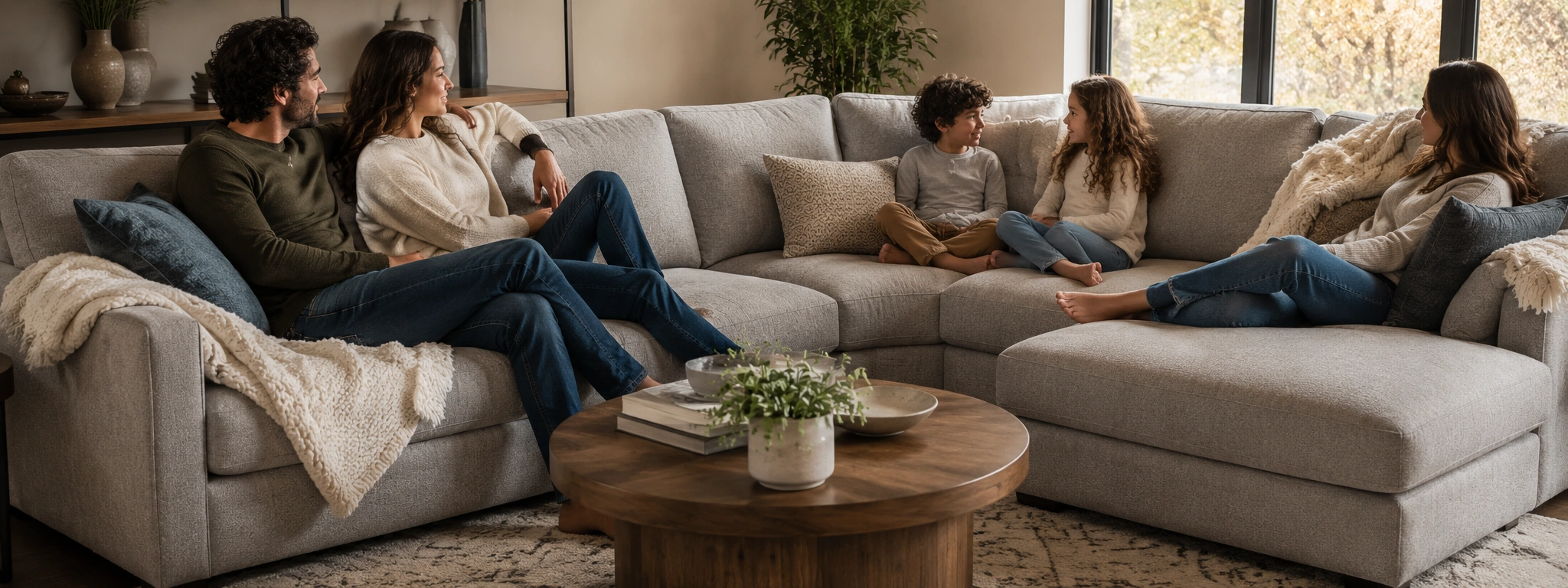 Family seated on a sectional sofa showing ample seating capacity