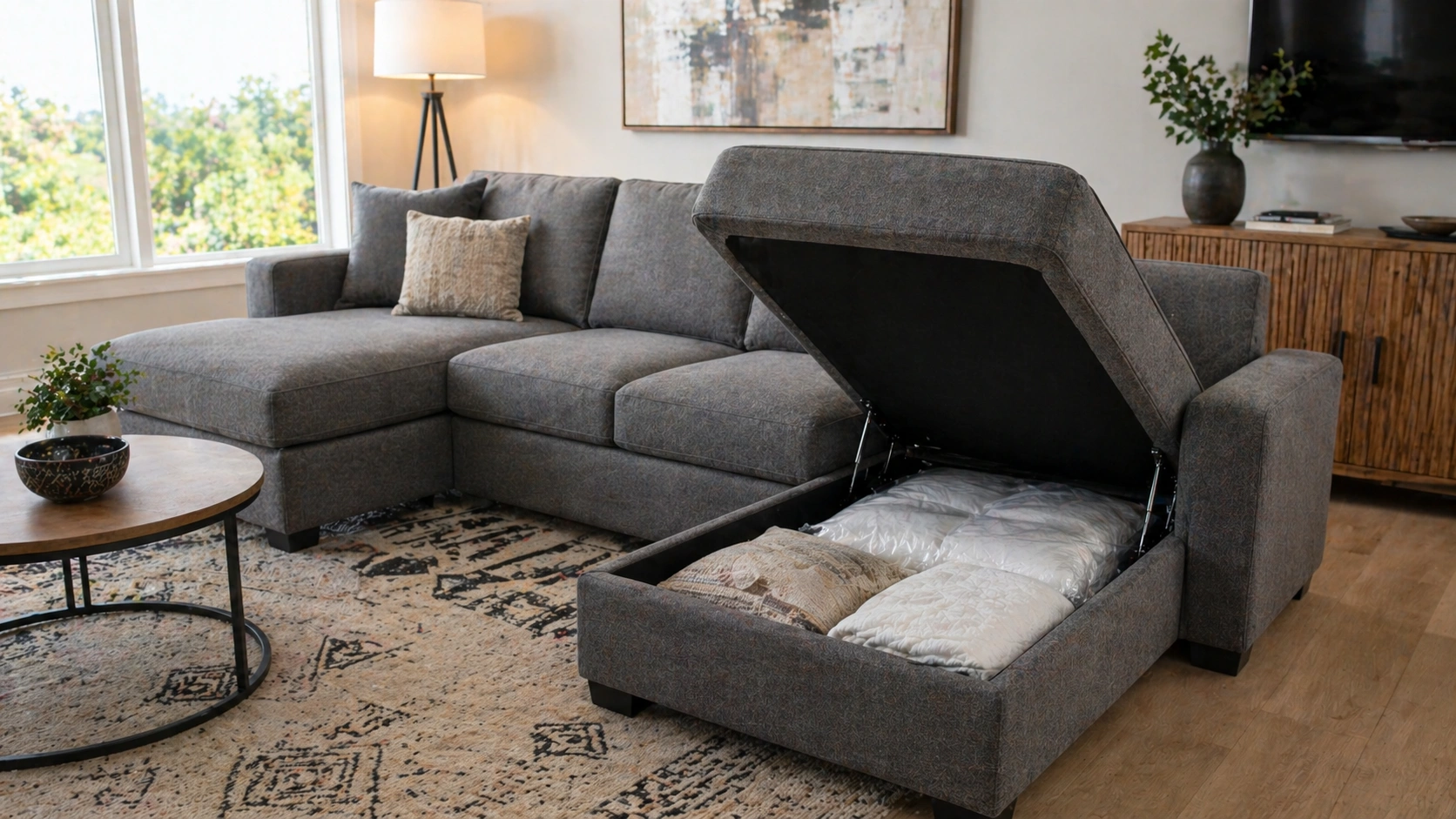 L-shaped sectional sofa with chaise lounge storage compartment open