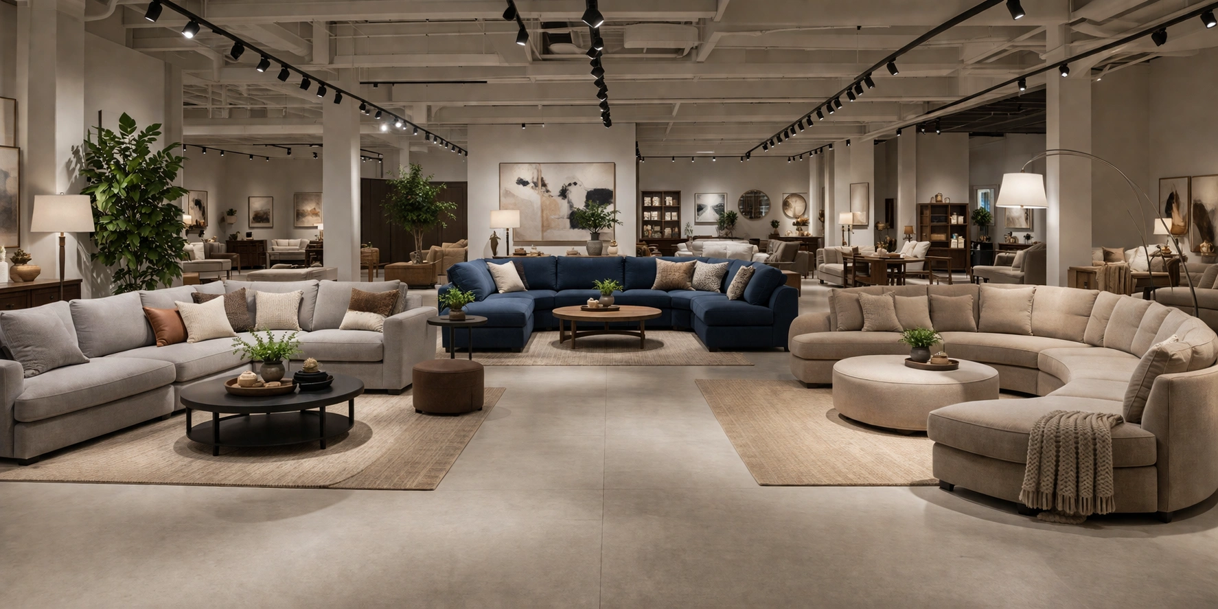 Collection of different sectional sofa types arranged in a showroom