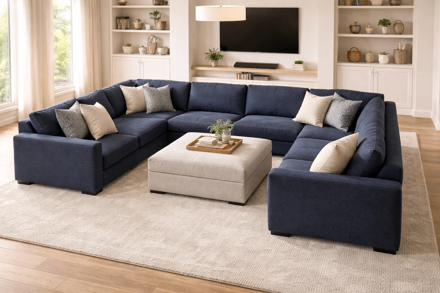U-shaped sectional sofa in a spacious family room with seating on three sides