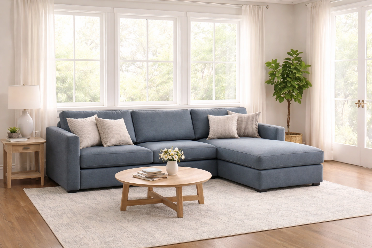 Sectional placed below a large window in a bright airy room