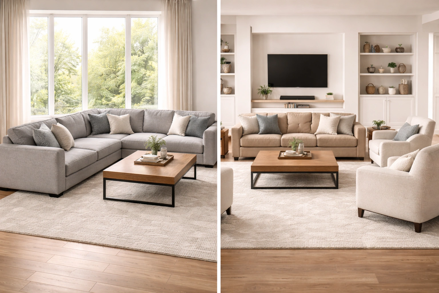 Side by side comparison of a sectional sofa layout versus a traditional sofa with armchairs in the same room