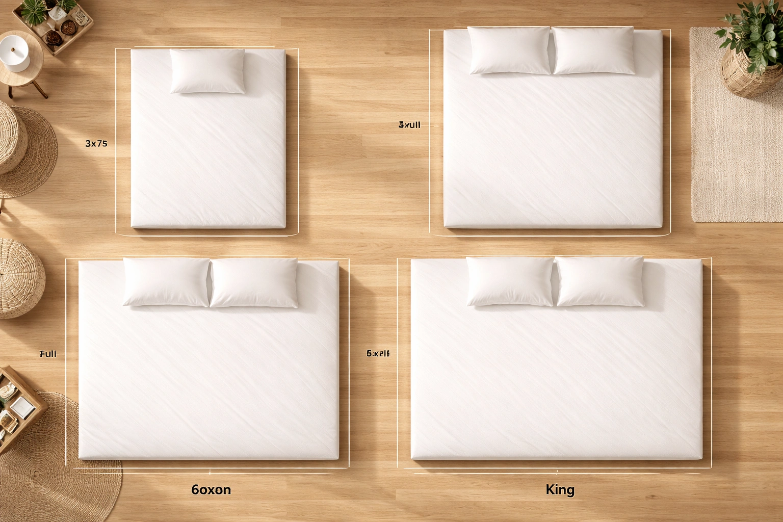 Sleeper sofa size comparison showing twin, full, queen, and king mattress layouts