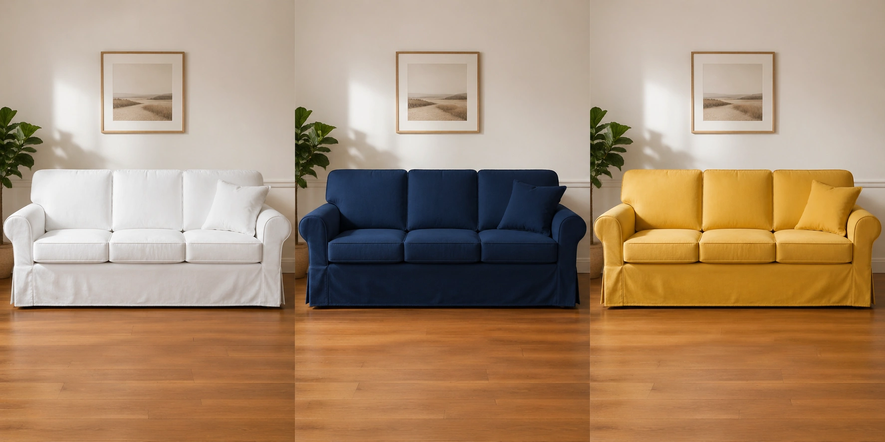 Slipcovered sofa with different colored slipcovers for different looks