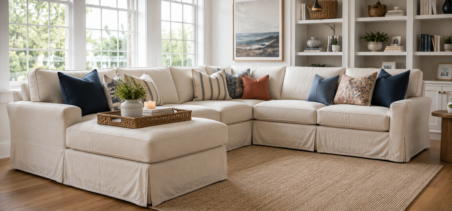 L-shaped slipcovered sectional sofa in a spacious family room with neutral tones