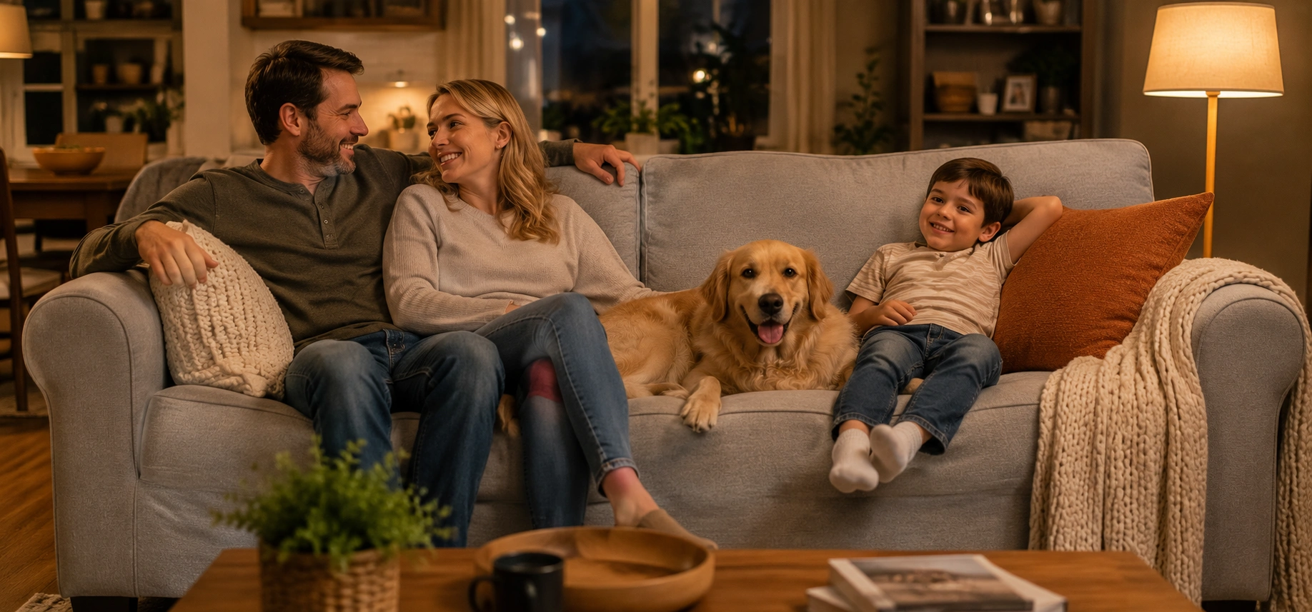 Family with dog sitting on a slipcovered sofa in a cozy living room