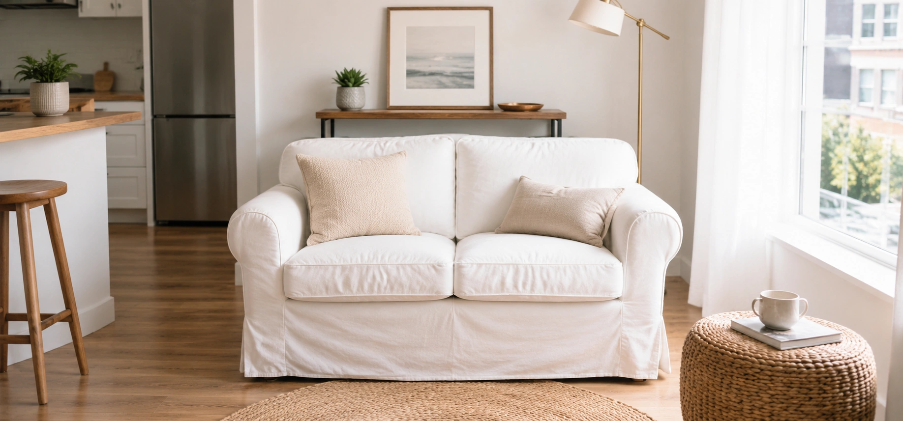 Compact slipcovered sofa in a small apartment living space