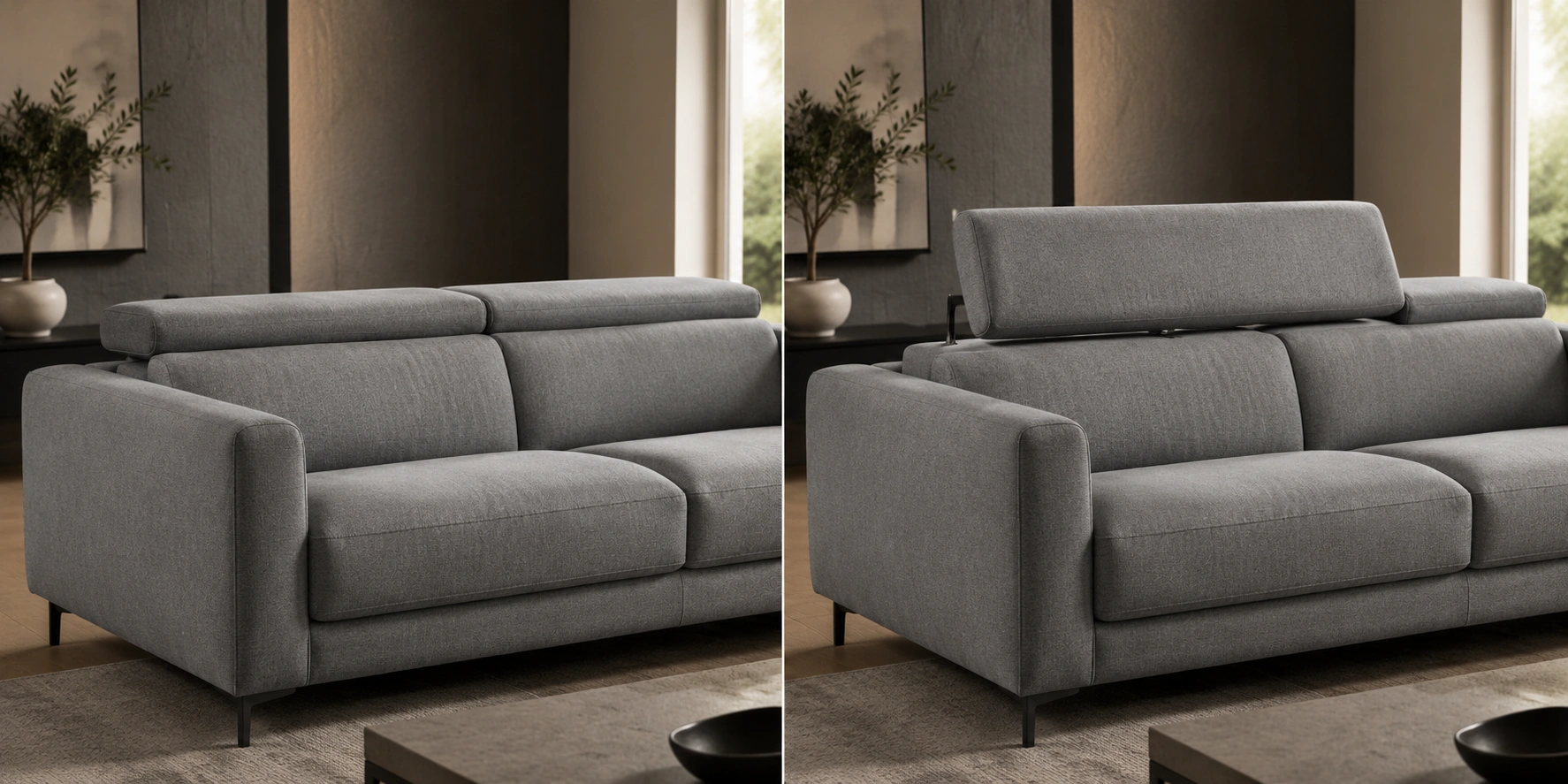 Sofa with adjustable headrest mechanism showing low and raised positions for versatile back support
