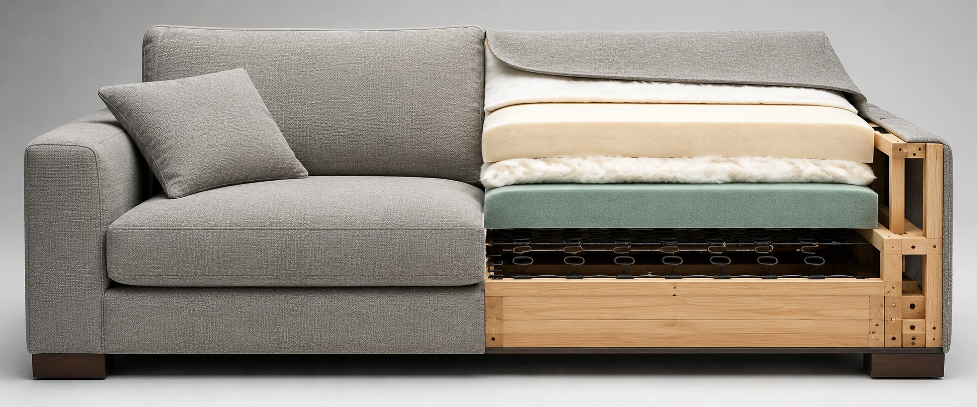 Sofa anatomy showing all components that contribute to price including frame upholstery cushions springs and legs