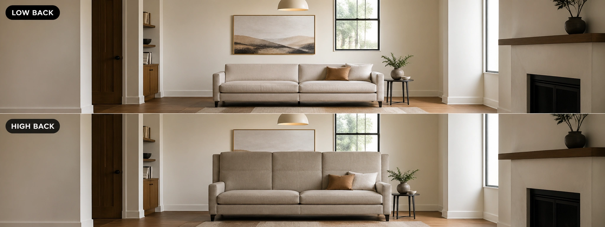 Same room showing how high back and low back sofas affect perceived room size and proportions