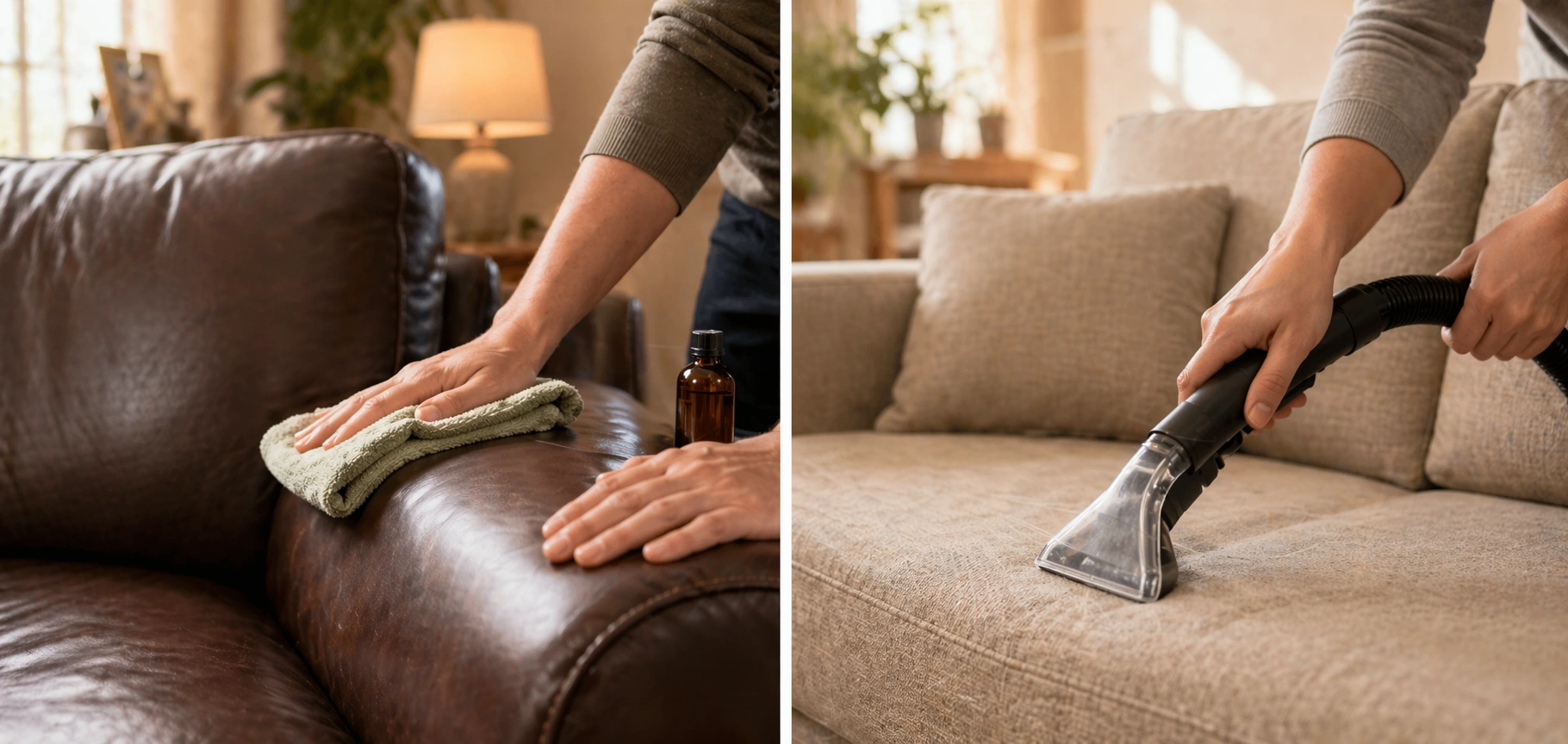 Person cleaning a leather sofa with a cloth and a fabric sofa with vacuum