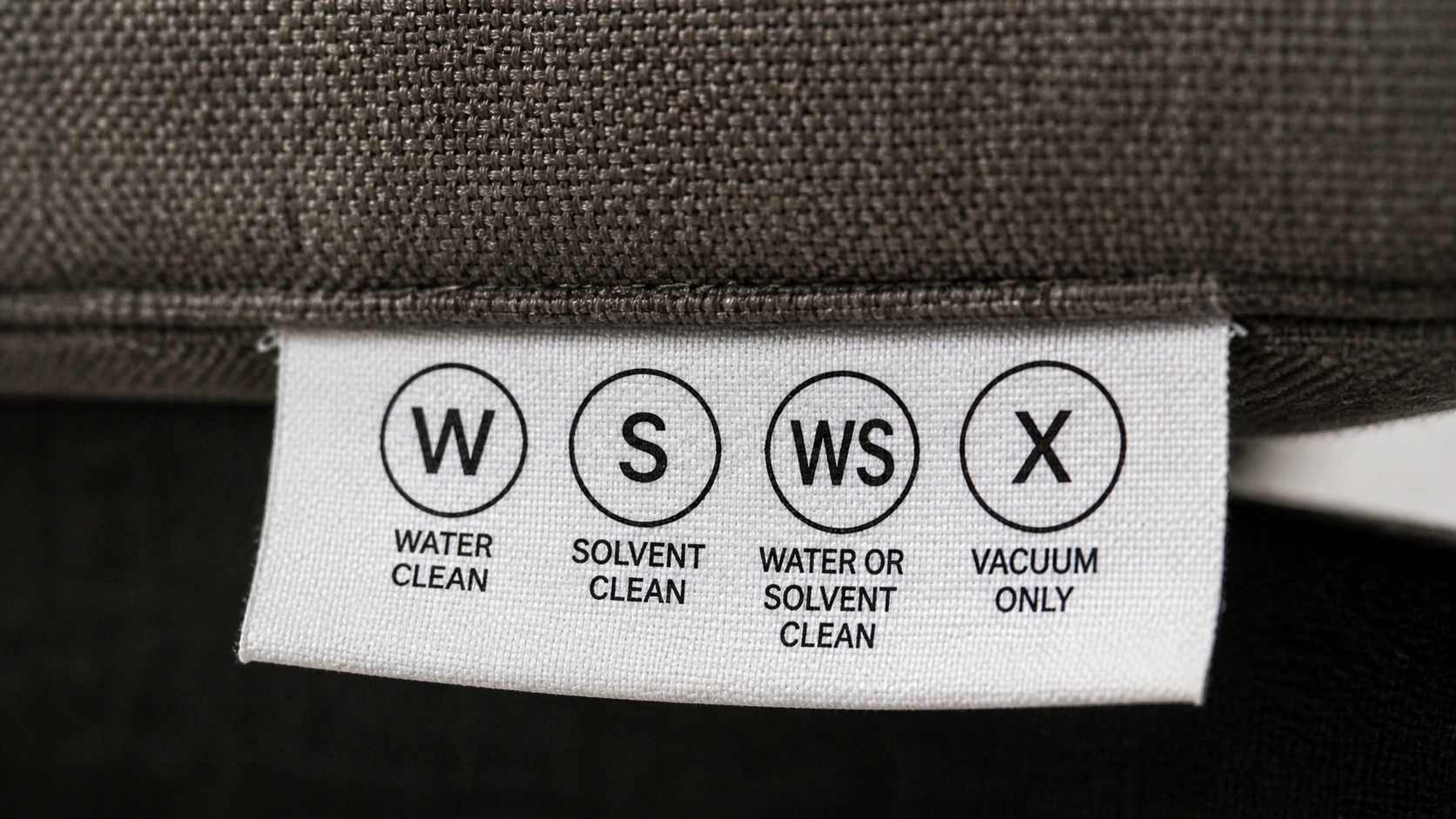 Close up of a sofa cleaning tag showing upholstery code