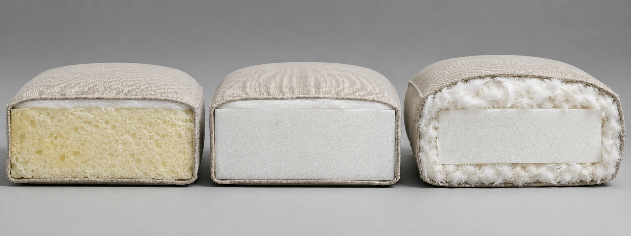 Cross-section of sofa cushion showing different fill types from basic polyurethane foam to high-resilience foam with down wrapping