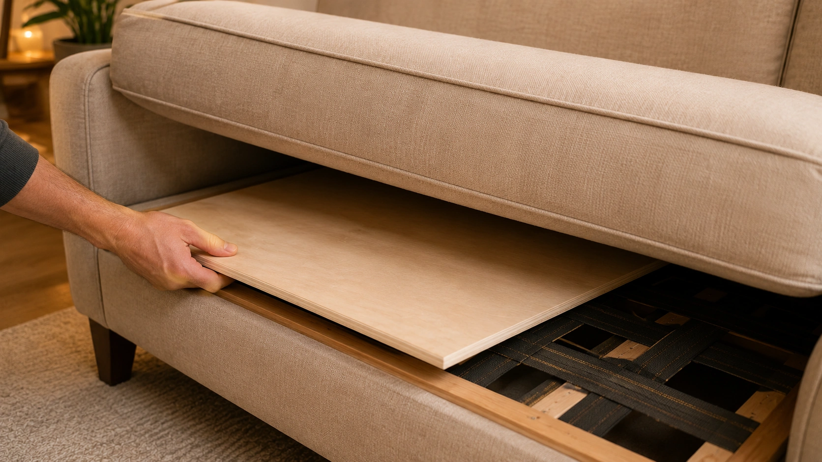 Cushion support board placed under a sofa cushion to prevent sinking