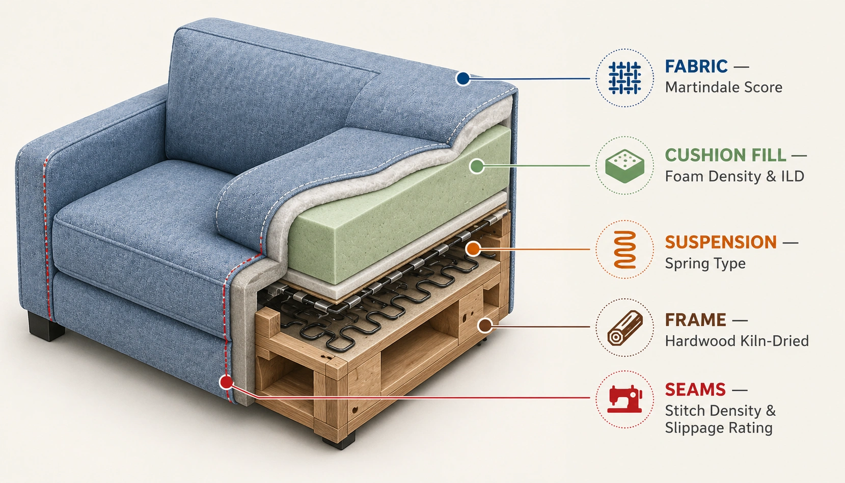 Infographic showing multiple durability factors for sofas including frame springs fabric and cushions