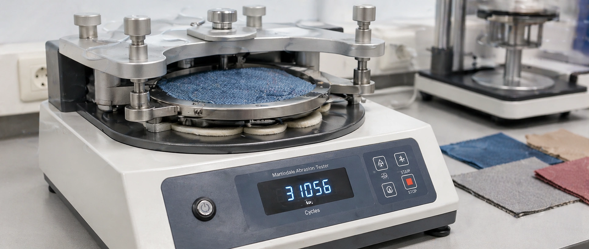 Fabric durability testing machine showing Martindale abrasion test for sofa upholstery