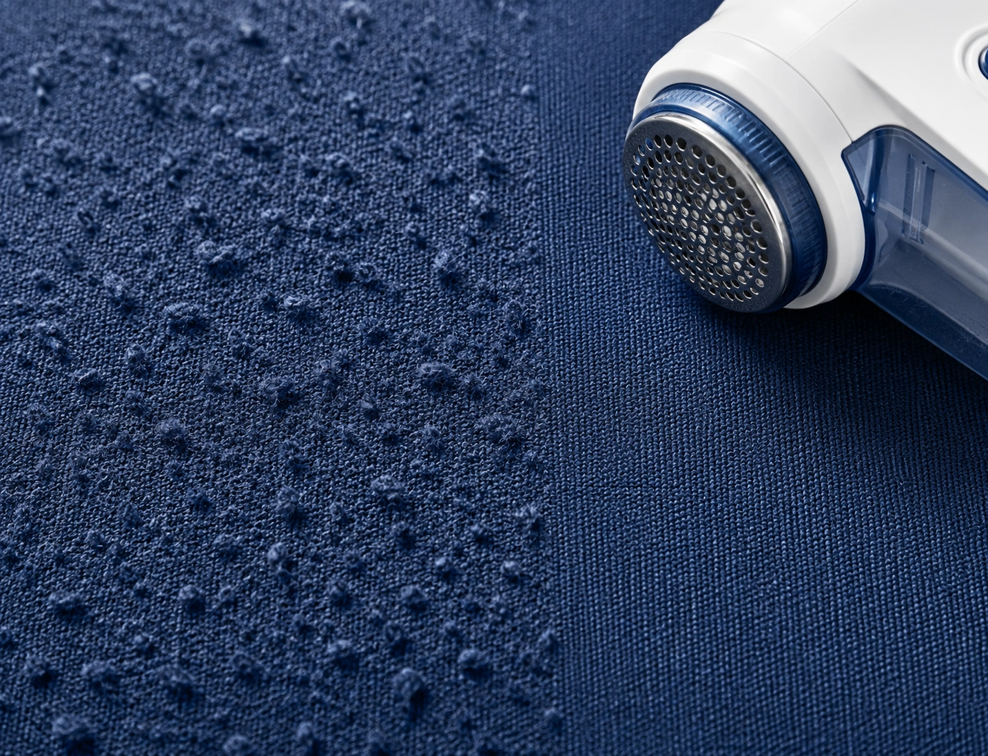 Fabric pilling on sofa surface being removed with fabric shaver tool