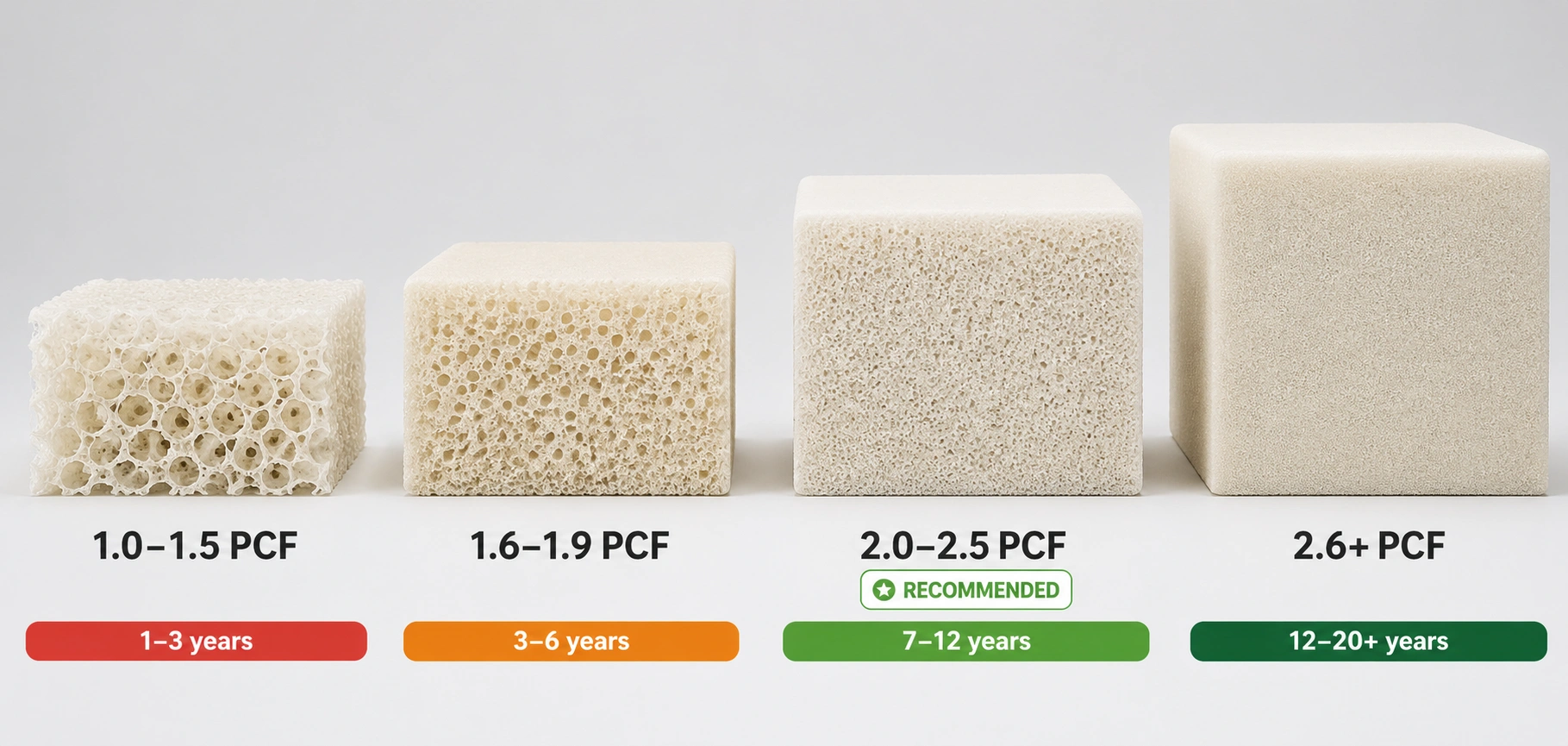 Infographic showing foam density ratings from low to high for sofa cushions