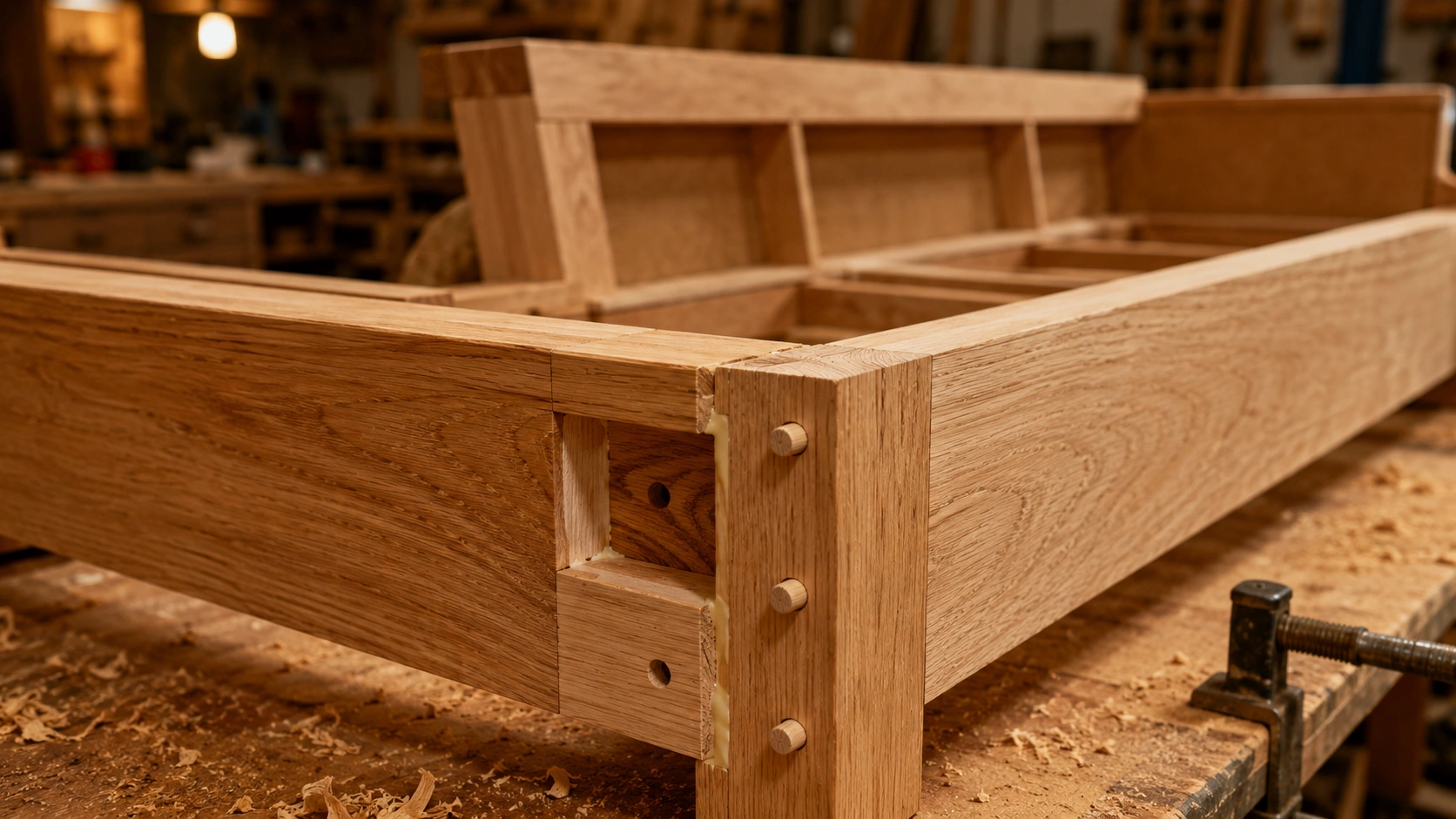 Close-up of sofa frame construction showing hardwood joints and kiln-dried wood