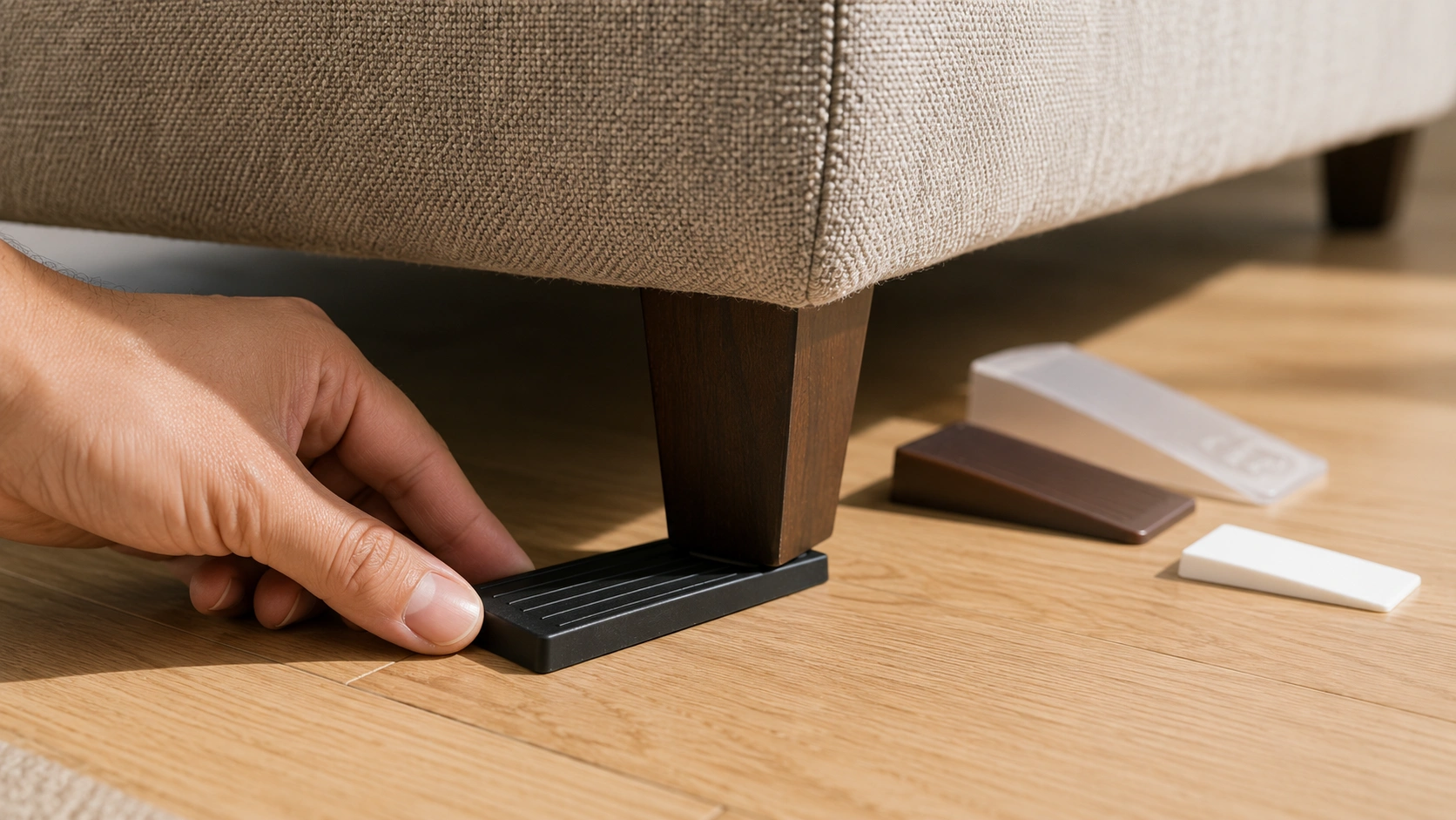 Placing furniture shims under a short sofa leg to stop wobbling on an uneven floor