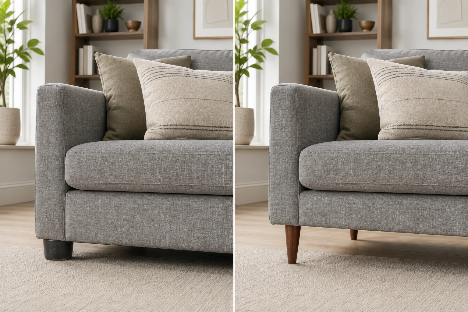 Before and after sofa leg replacement showing style transformation