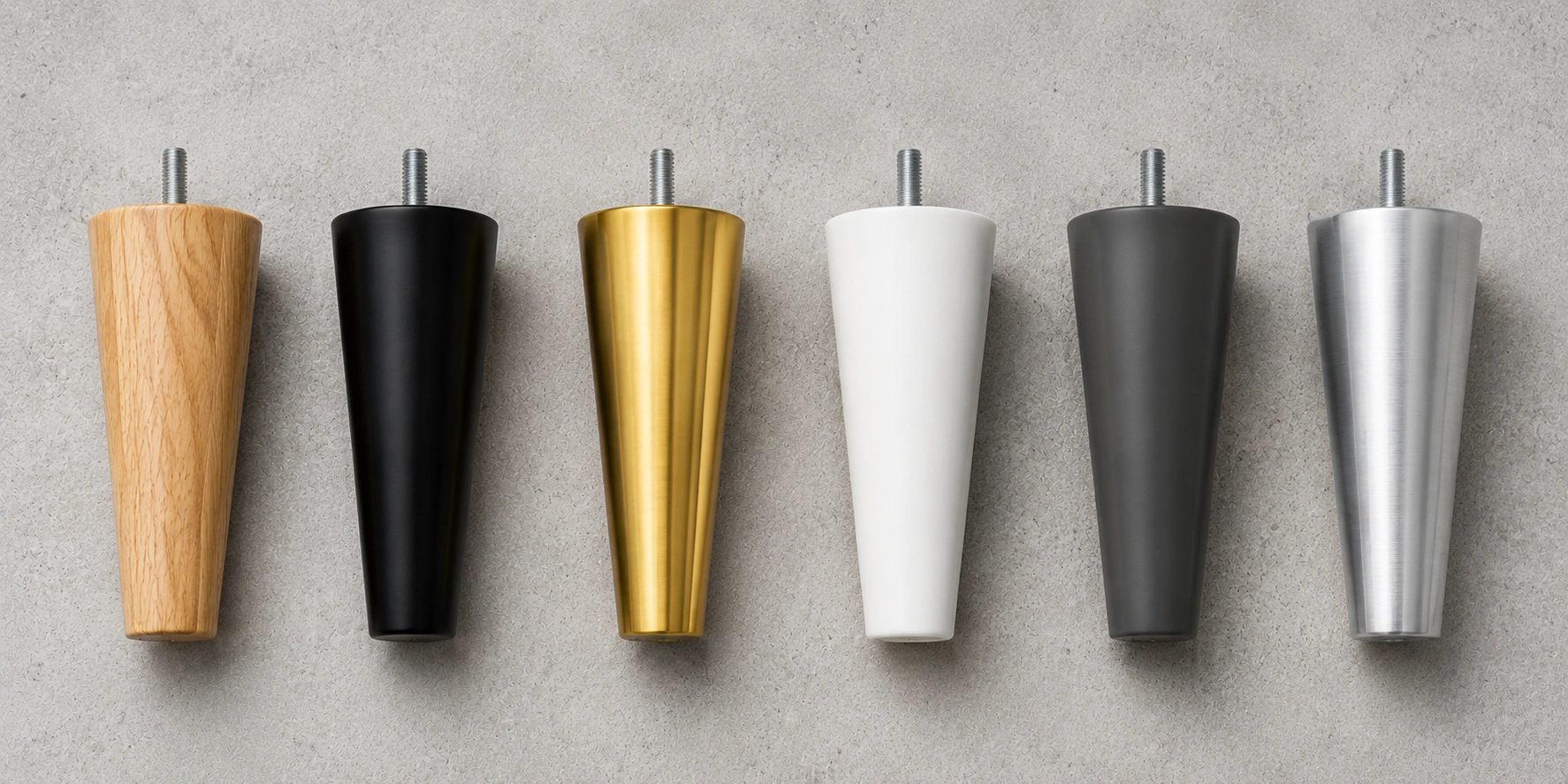 Side by side comparison of wooden metal and plastic sofa leg materials