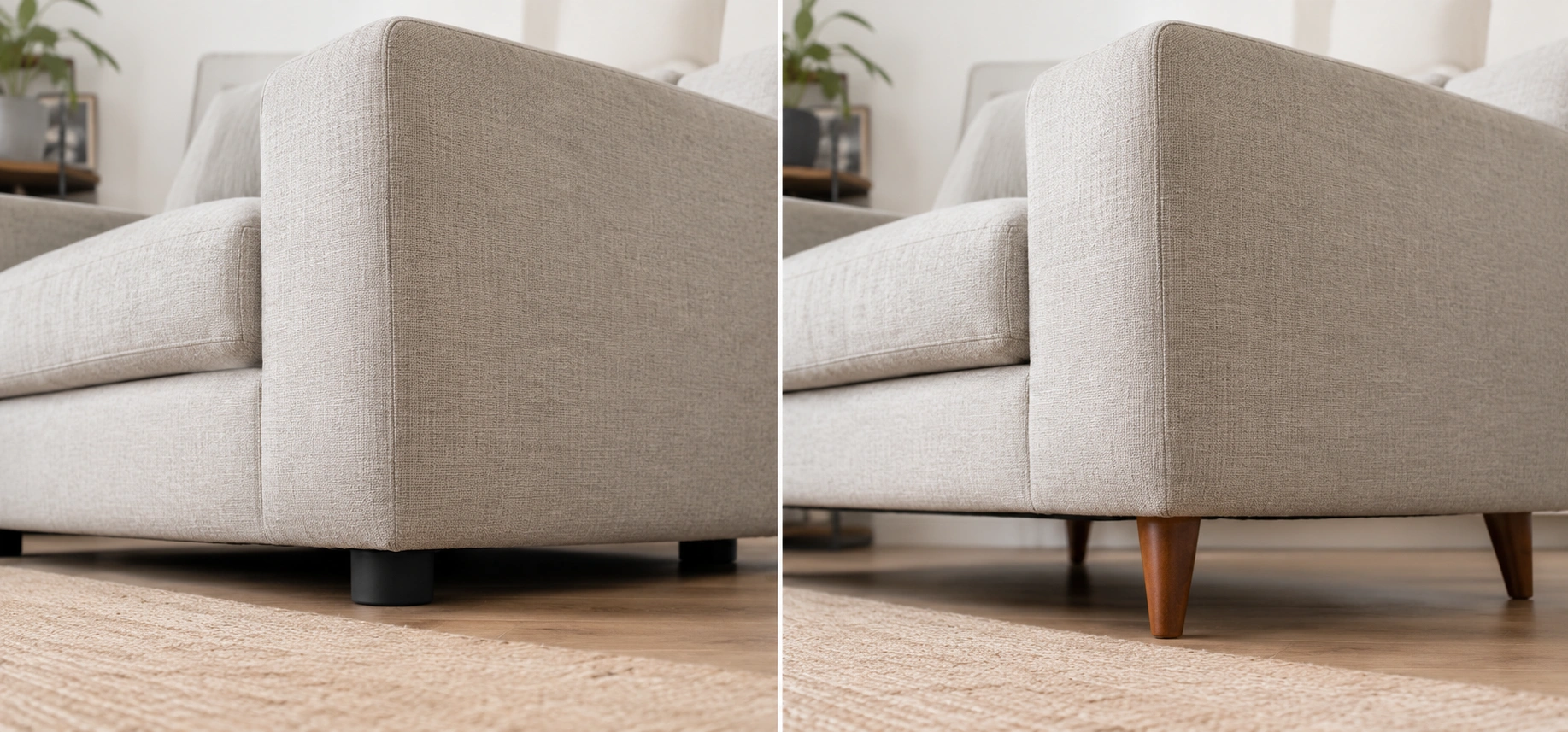 Before and after comparison showing a sofa with old legs transformed by modern tapered wooden legs