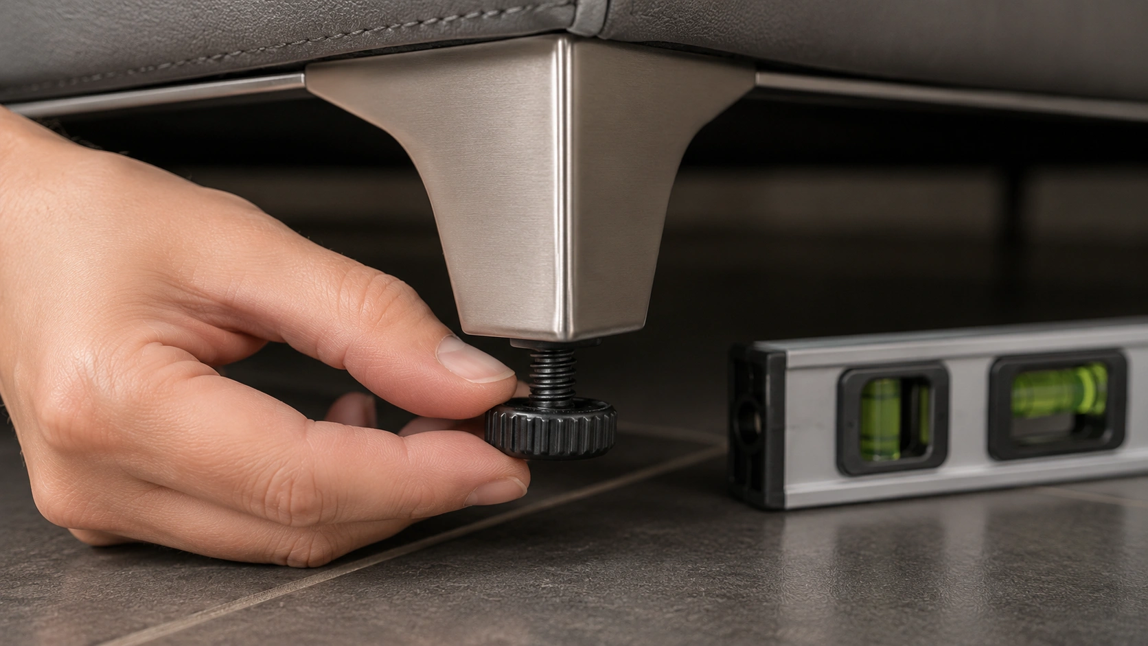 Adjusting sofa leveling feet by rotating the threaded base to stabilize a wobbly couch