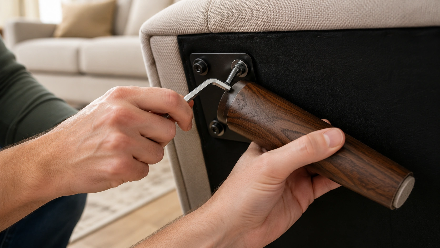 Tightening loose sofa leg bolts with a wrench to stop wobbling
