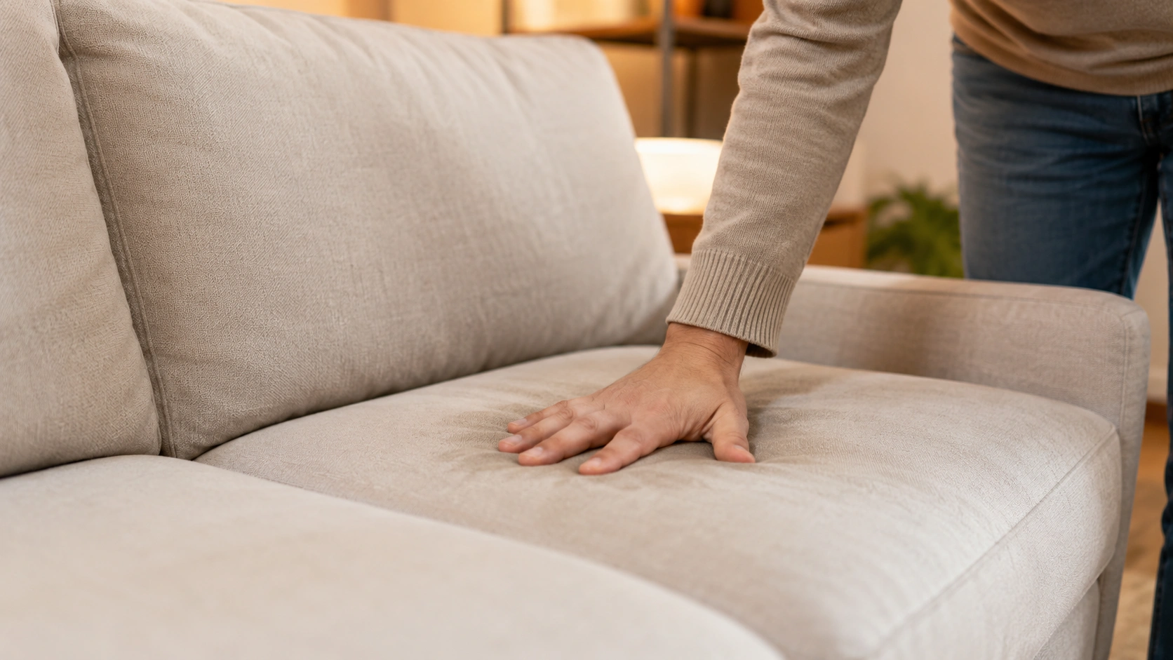 Person noticing bad smell from sofa cushion in living room