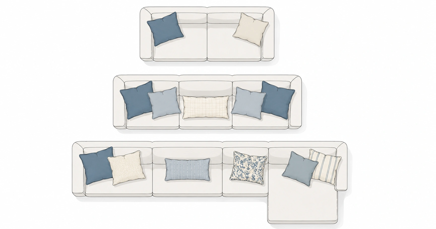 Diagram showing professional pillow arrangement styles on different sofa sizes from loveseat to sectional