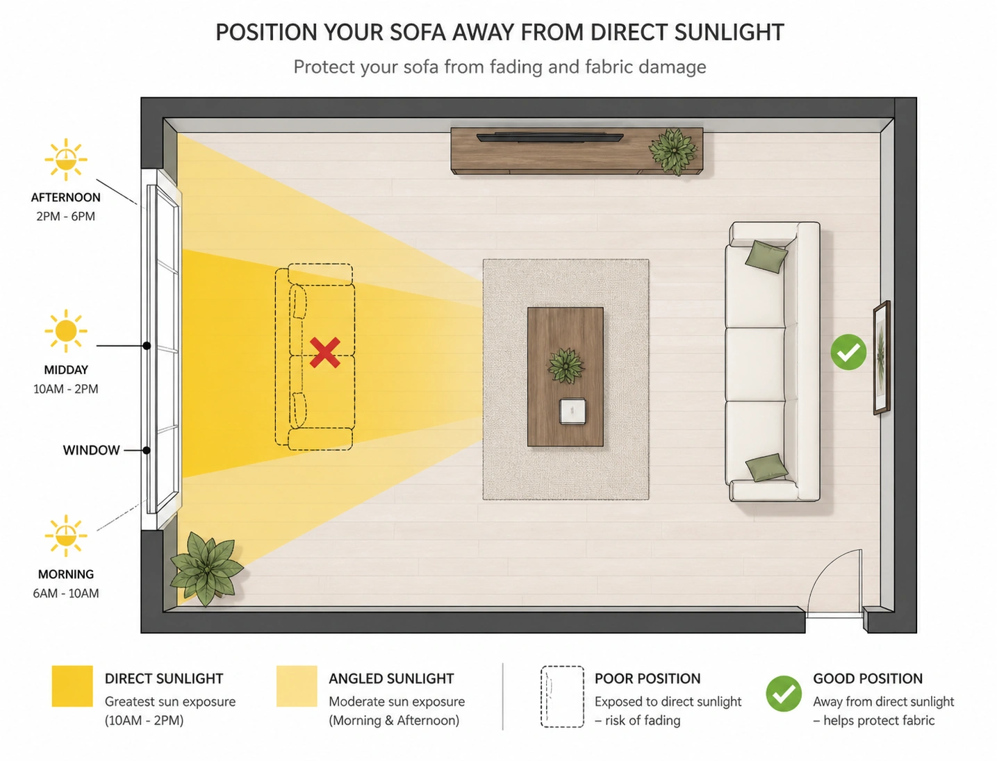 Floor plan showing optimal sofa positioning away from direct sunlight in a living room